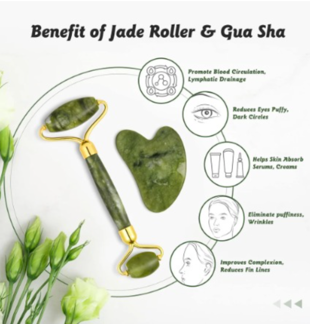 Jade Roller & Gua Sha Facial Massage Set – Reduce Puffiness & Enhance Natural glow