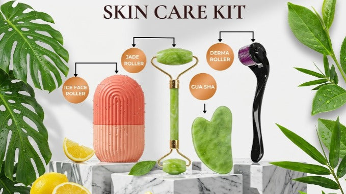 Ultimate 4-in-1 Facial Care Bundle – Derma Roller, Jade Roller, Gua Sha & Ice Roller set